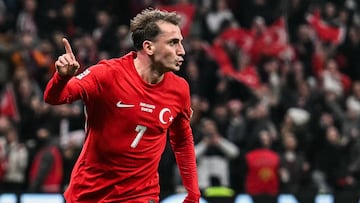 Turkey's forward #07 Kerem Akturkoglu celebrates after scoring his team's second goal during the UEFA Nations League playoff first-leg football match between Turkey and Hungary at the Rams Park Ali Samiyen Sport Complex Stadium in Istanbul on March 20, 2025. (Photo by Ozan KOSE / AFP)