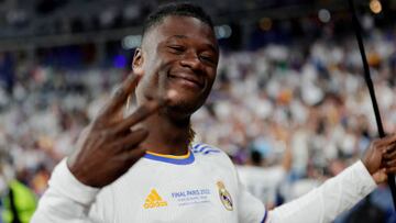 PARIS, FRANCE - MAY 28: Eduardo Camavinga of Real Madrid celebrating the Champions League victory  during the UEFA Champions League  match between Liverpool v Real Madrid at the Stade de France on May 28, 2022 in Paris France (Photo by David S. Bustamante/Soccrates/Getty Images)