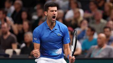 PARIS, FRANCE - NOVEMBER 01: Novak Djokovic of Serbia celebrates breaking Maxime Cressy of USA in the second round during Day Two of the Rolex Paris Masters tennis at Palais Omnisports de Bercy on November 1, 2022 in Paris, France. (Photo by Julian Finney/Getty Images)