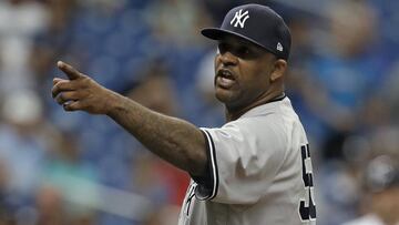 New York Yankees&#039; CC Sabathia points at the Tampa Bay Rays dugout after he was ejected for hitting Tampa Bay Rays&#039; Jesus Sucre with a pitch during the sixth inning of a baseball game Thursday, Sept. 27, 2018, in St. Petersburg, Fla. (AP Photo/Chris O&#039;Meara)