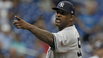 New York Yankees' CC Sabathia points at the Tampa Bay Rays dugout after he was ejected for hitting Tampa Bay Rays' Jesus Sucre with a pitch during the sixth inning of a baseball game Thursday, Sept. 27, 2018, in St. Petersburg, Fla. (AP Photo/Chris O'Meara)