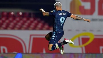 Argentina&#039;s Racing Club Enzo Copetti celebrates after scoring a goal against Brazil&#039;s Sao Paulo during the Copa Libertadores round of 16 first leg football match at Morumbi Stadium in Sao Paulo, Brazil on July 13, 2021. (Photo by NELSON ALMEIDA / POOL / AFP)