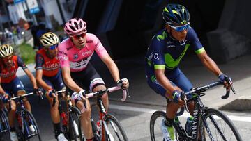 Colombia&#039;s Nairo Quintana of team Movistar rides ahead Netherlands&#039; Tom Dumoulin (C) of team Sunweb and Italy&#039;s rider of team Bahrain - Merida Vincenzo Nibali during the 18th stage of the 100th Giro d&#039;Italia, Tour of Italy, cycling race from Moena to Ortisei on May 25, 2017.  / AFP PHOTO / Luk BENIES