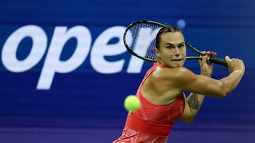 Tennis - U.S. Open - Flushing Meadows, New York, United States - September 7, 2023 Belarus' Aryna Sabalenka in action during her semi final match against Madison Keys of the U.S. REUTERS/Shannon Stapleton