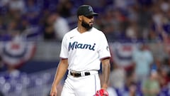 MIAMI, FLORIDA - APRIL 04: Sandy Alcantara #22 of the Miami Marlins reacts after defeating the Minnesota Twins at loanDepot park on April 04, 2023 in Miami, Florida.   Megan Briggs/Getty Images/AFP (Photo by Megan Briggs / GETTY IMAGES NORTH AMERICA / Getty Images via AFP)