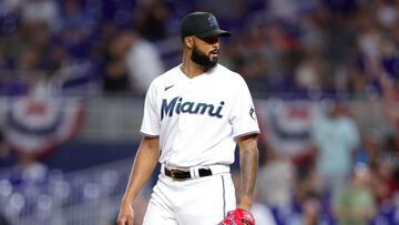 MIAMI, FLORIDA - APRIL 04: Sandy Alcantara #22 of the Miami Marlins reacts after defeating the Minnesota Twins at loanDepot park on April 04, 2023 in Miami, Florida. Megan Briggs/Getty Images/AFP (Photo by Megan Briggs / GETTY IMAGES NORTH AMERICA / Getty Images via AFP)