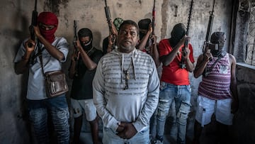 PORT-AU-PRINCE, HAITI - FEBRUARY 22:  Gang Leader Jimmy 'Barbecue' Cherizier with G-9 federation gang members in the Delmas 3 area on February 22, 2024 in Port-au-Prince, Haiti. There has a been fresh wave of violence in Port-au-Prince where, according to UN estimates, gangs control 80% of the city.  (Photo by Giles Clarke/Getty Images)