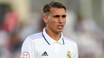 MADRID, SPAIN - JUNE 17: Iker Bravo of Real Madrid Castilla looks on during the Primera RFEF Play Off first leg match between Real Madrid Castilla and CD Eldense at Estadio Alfredo Di Stefano on June 17, 2023 in Madrid, Spain. (Photo by Angel Martinez/Getty Images)