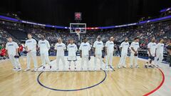 LAS VEGAS, NEVADA - AUGUST 07: (L-R) Austin Reaves #15, Walker Kessler #14, Jaren Jackson Jr. #13, Josh Hart #12, Jalen Brunson #11, Anthony Edwards #10, Bobby Portis #9, Paolo Banchero #8, Brandon Ingram #7, Cam Johnson #6, Mikal Bridges #5 and Tyrese Haliburton #4 of the United States stand on the court before a 2023 FIBA World Cup exhibition game against Puerto Rico at T-Mobile Arena on August 07, 2023 in Las Vegas, Nevada. The United States defeated Puerto Rico 117-74.   Ethan Miller/Getty Images/AFP (Photo by Ethan Miller / GETTY IMAGES NORTH AMERICA / Getty Images via AFP)