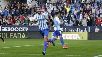 David Lombán, celebrando un gol del Málaga esta temporada.