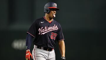 PHOENIX, AZ - JULY 22: Juan Soto #22 of the Washington Nationals reacts on the base path during the MLB game against the Arizona Diamondbacks at Chase Field on July 22, 2022 in Phoenix, Arizona.   Mike Christy/Getty Images/AFP
== FOR NEWSPAPERS, INTERNET, TELCOS & TELEVISION USE ONLY ==