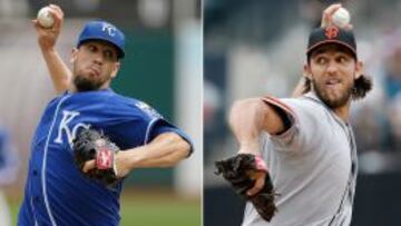 Los pitchers titulares del primer partido de la World Series, James Shields de los Kansas City Royals y Madison Bumgarner de los San Francisco Giants.