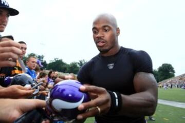 La gran estrella en ataque de los Vikings, Adrian Peterson, protagonista de uno de los culebrones del verano por su intentona frustrada de salir del equipo, no jug¨® ni un solo minuto, aunque s¨ª que estuvo vestido en el banquillo. Los aficionados tuvieron que conformarse con que les firmara aut¨®grafos.