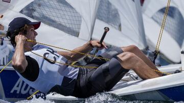 Chile's Clemente Seguel sails during a Laser men training session at the Enoshima harbour during the 2020 Summer Olympics, Saturday, July 24, 2021, in Fujisawa, Japan. (AP Photo/Bernat Armangue)