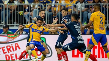 Javier Aquino of Tigres during the match between Tigres UANL and Monterrey as part of friendly match -Clasico Regio-, at Alamodome Stadium on October 12, 2024 in San Antonio Texas, United States.
