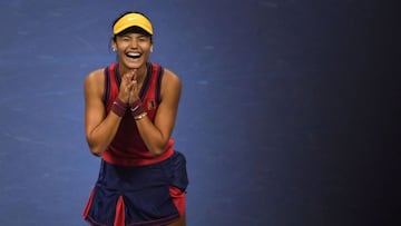 Britain&#039;s Emma Raducanu reacts after winning her 2021 US Open Tennis tournament women&#039;s semifinal match against Greece&#039;s Maria Sakkari at the USTA Billie Jean King National Tennis Center in New York.