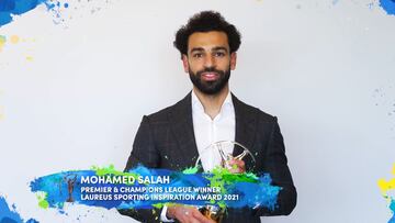 UNSPECIFIED - UNSPECIFIED: In this handout screengrab released on May 6,  footballer Mohamed Salah of Liverpool FC and Egypt speaks after winning the Laureus Sporting Inspiration Award during the Laureus World Sports Awards 2021 Virtual Award Ceremony. (P