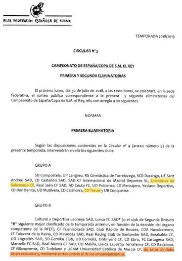 Primera página de la circular 5 de la RFEF para la temporada 2018-2019.