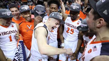 NEW YORK, NY - MARCH 10: Tournament MVP Kyle Guy #5 of the Virginia Cavaliers celebrates with teammates after defeating the North Carolina Tar Heels 71-63 during the championship game of the 2018 ACC Men&#039;s Basketball Tournament at Barclays Center on March 10, 2018 in the Brooklyn borough of New York City.   Abbie Parr/Getty Images/AFP
 == FOR NEWSPAPERS, INTERNET, TELCOS &amp; TELEVISION USE ONLY ==