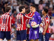Diego Campillo and Jose Rangel of Guadaalajara during the 12th round match between Monterrey and Guadalajara as part of the Liga BBVA MX Varonil, Torneo Clausura 2026 at BBVA Bancomer Stadium, on March 21, 2026 in Monterrey, Nuevo Leon, Mexico.