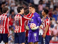 Diego Campillo and Jose Rangel of Guadaalajara during the 12th round match between Monterrey and Guadalajara as part of the Liga BBVA MX Varonil, Torneo Clausura 2026 at BBVA Bancomer Stadium, on March 21, 2026 in Monterrey, Nuevo Leon, Mexico.