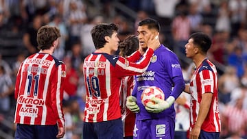 Diego Campillo and Jose Rangel of Guadaalajara during the 12th round match between Monterrey and Guadalajara as part of the Liga BBVA MX Varonil, Torneo Clausura 2026 at BBVA Bancomer Stadium, on March 21, 2026 in Monterrey, Nuevo Leon, Mexico.
