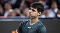 Spain�s Carlos Alcaraz reacts after a point during the men's singles match against Bulgaria�s Grigor Dimitrov at the Shanghai Masters tennis tournament on October 11, 2023. (Photo by WANG Zhao / AFP)