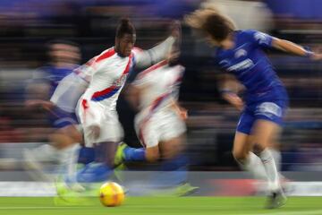 Palace's Wilfred Zaha in action against Chelsea today.