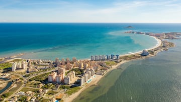 Aerial drone view of La Manga, Spain. Sandbar of the Minor Sea. Famous travel destination in Murcia Province. Turquoises water colour.