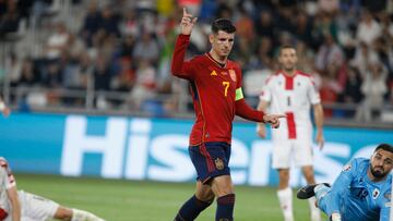 Tbilisi (Georgia), 08/09/2023.- Alvaro Morata (C) of Spain reacts during the UEFA Euro 2024 qualifying Group A soccer match between Georgia and Spain, in Tbilisi, Georgia, 08 September 2023. (España) EFE/EPA/DAVID MDZINARISHVILI
