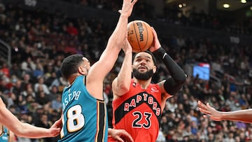 Feb 12, 2023; Toronto, Ontario, CAN; Toronto Raptors guard Fred VanVleet (23) shoots the ball against Detroit Pistons guard Cory Joseph (18) in the first half at Scotiabank Arena. Mandatory Credit: Dan Hamilton-USA TODAY Sports