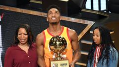 Feb 17, 2018; Los Angeles, CA, USA; Utah Jazz guard Donovan Mitchell (45) holds the trophy after winning the dunk contest during the 2018 All Star Saturday Night at Staples Center. Mandatory Credit: Richard Mackson-USA TODAY Sports