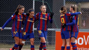 Soccer Football - Women&#039;s Champions League - Round of 16 Second Leg - Fortuna Hjoerring v FC Barcelona - Hjorring Stadium, Hjorring, Denmark - March 10, 2021  FC Barcelona&#039;s Aitana Bonmati celebrates a goal with teammates  Claus Bjoern Larsen/Ri