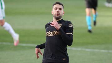 Jordi Alba of FC Barcelona gestures during La Liga football match played between Elche CF and FC Barcelona at Martinez Valero stadium on January 24, 2021 in Elche, Alicante, Spain.
 AFP7 
 24/01/2021 ONLY FOR USE IN SPAIN