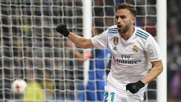 Borja Mayoral celebra un gol con la camiseta del Real Madrid.