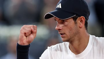 Spain's Rafael Jodar reacts as he plays against Brazil's Joao Fonseca during their 2026 ATP Tour Madrid Open tennis tournament third round singles match at the Caja Magica in Madrid, on April 26, 2026. (Photo by Thomas COEX / AFP)