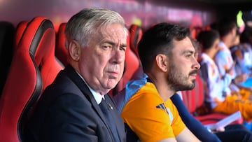 El entrenador del Real Madrid, Carlo Ancelotti, durante el partido de liga perteneciente a la jornada 37 y que se ha disputado este domingo en el estadio Ramón Sánchez Pizjúan de Sevilla.