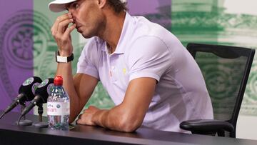 Spain's Rafael Nadal holds a press conference on the eleventh day of the 2022 Wimbledon Championships at The All England Tennis Club in Wimbledon, southwest London, on July 7, 2022. - Rafael Nadal announced today that he is withdrawing from Wimbledon after failing to recover from an abdominal injury. (Photo by Andrew TOTH / various sources / AFP) / RESTRICTED TO EDITORIAL USE