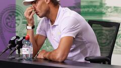 Spain's Rafael Nadal holds a press conference on the eleventh day of the 2022 Wimbledon Championships at The All England Tennis Club in Wimbledon, southwest London, on July 7, 2022. - Rafael Nadal announced today that he is withdrawing from Wimbledon after failing to recover from an abdominal injury. (Photo by Andrew TOTH / various sources / AFP) / RESTRICTED TO EDITORIAL USE