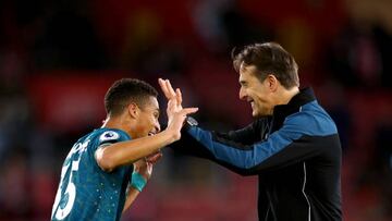 Wolverhampton Wanderers' Joao Gomes (left) celebrates with manager Julen Lopetegui at the end of the Premier League match at St. Mary's Stadium, Southampton. Picture date: Saturday February 11, 2023. (Photo by Kieran Cleeves/PA Images via Getty Images)