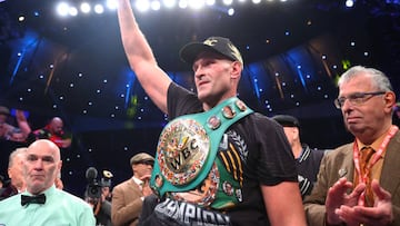 LONDON, ENGLAND - DECEMBER 03: Tyson Fury celebrates after defeating Derek Chisora, during their WBC heavyweight championship fight, at Tottenham Hotspur Stadium on December 03, 2022 in London, England. (Photo by Mikey Williams/Top Rank Inc via Getty Images)