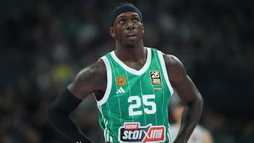 Panathinaikos' Nunn Kendrick looks on during the Euroleague basketball match between Panathinaikos BC and Paris Basketball, in Marousi, Greece, 28 March 2025.