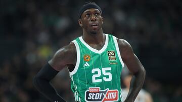 Panathinaikos' Nunn Kendrick looks on during the Euroleague basketball match between Panathinaikos BC and Paris Basketball, in Marousi, Greece, 28 March 2025.