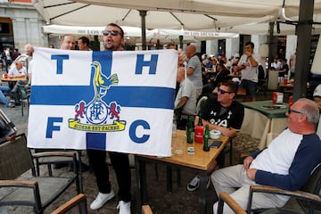 Tottenham supporters on the terraces of Madrid's Plaza Mayor in the hours leading up to the Real Madrid game.