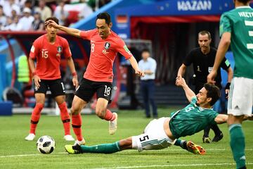 Mats Hummels intenta robarle el balón a Moon Seon-min.