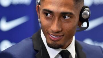 FC Barcelona's new Brazilian forward Raphael Dias Belloli, aka Raphinha, gives a press conference as part of his presentation ceremony at the Joan Gamper training ground in Sant Joan Despi, near Barcelona, on July 15, 2022. (Photo by Pau BARRENA / AFP) (Photo by PAU BARRENA/AFP via Getty Images)