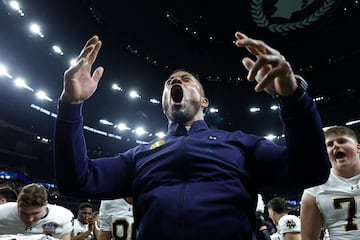 Head coach Marcus Freeman of the Notre Dame Fighting Irish celebrates 