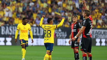 Erick Sanchez celebrate shri goal 1-0 of America during the match between America and Atlas as part of Round of 32 of the 2024 Leagues Cup at Snapdragon Stadium on August 09, 2024 in San Diego, California, United States.