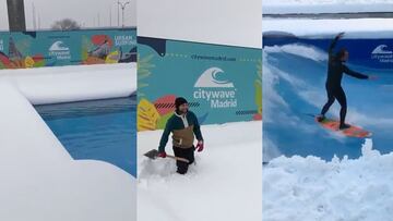 &Aacute;lex, instructor de surf de City Wave Madrid, la ola artificial del centro comercial X-Madrid, surfeando rodeado de nieve de la borrasca filomena, el 9 de enero del 2021. 