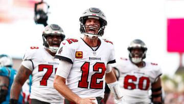 TAMPA, FL - JANUARY 1: Tom Brady #12 of the Tampa Bay Buccaneers screams in celebration after rushing for a touchdown during the fourth quarter of an NFL football game against the Carolina Panthers at Raymond James Stadium on January 1, 2023 in Tampa, Florida. (Photo by Kevin Sabitus/Getty Images)